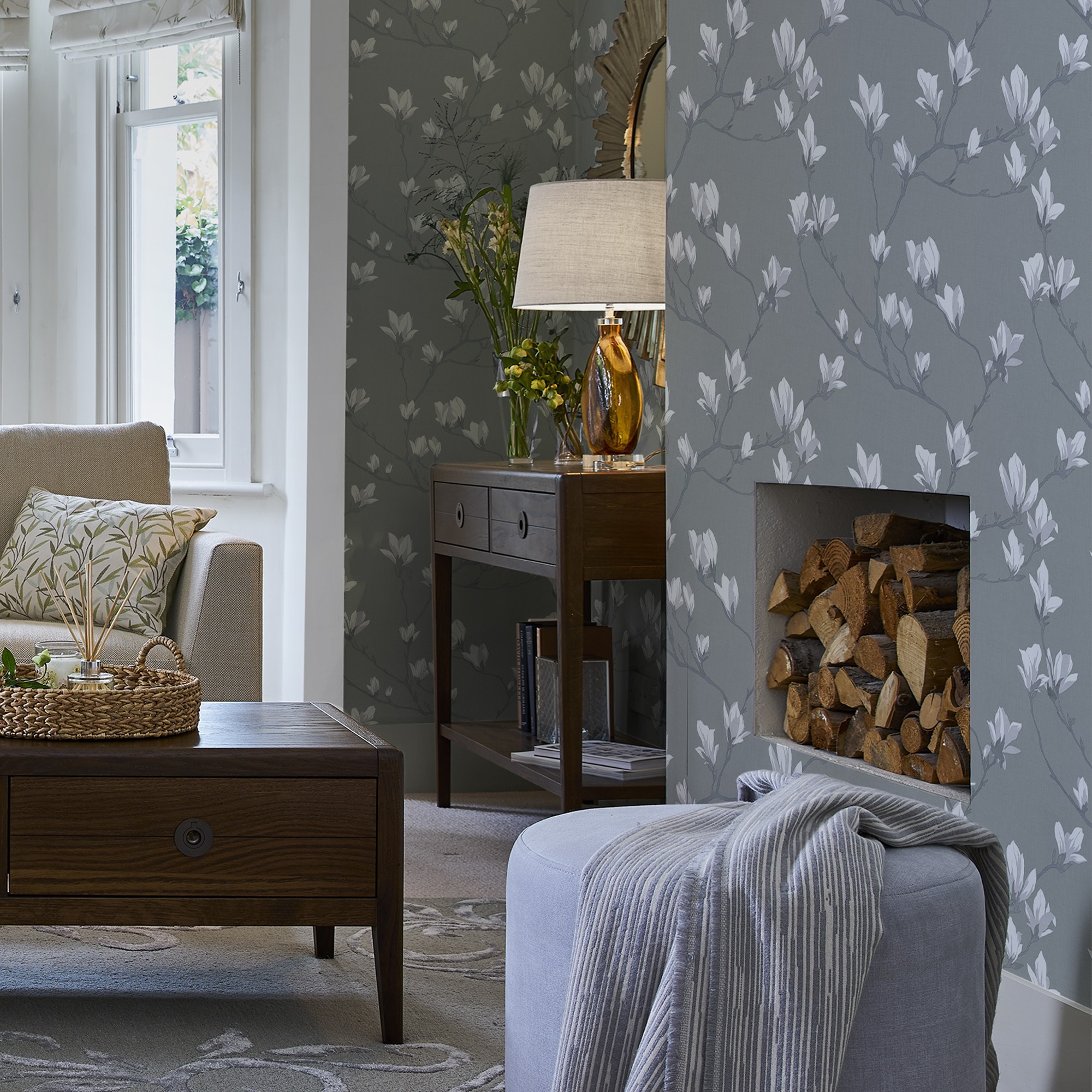 Magnolia Grove Floral Wallpaper 113354 by Laura Ashley in Slate Grey buy  online from the rug seller uk